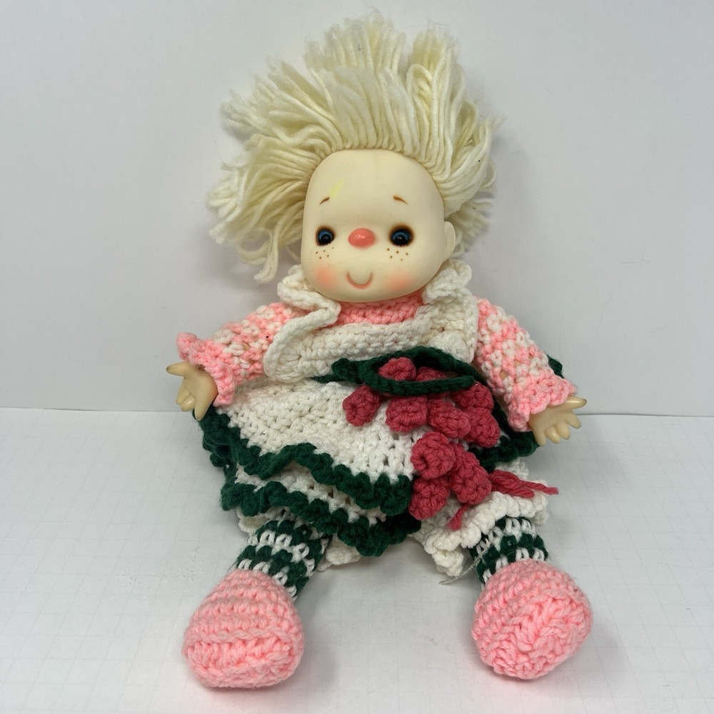 Ice Cream Face Crochet Doll 12 Inch Soft Body Yellow Hair Ruffle Dress vtg‎ toy